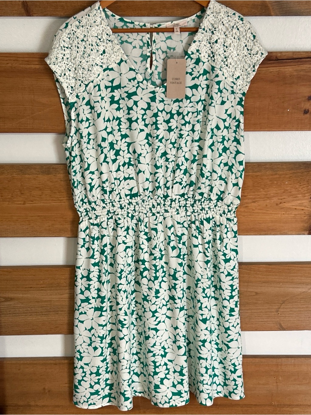 Nwt Como Vintage White & Green Floral Elastic Waist Cap Lace Sleeve Size Large